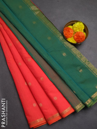 Semi maheswari cotton saree pinksh orange and green with zari woven buttas and zari woven border