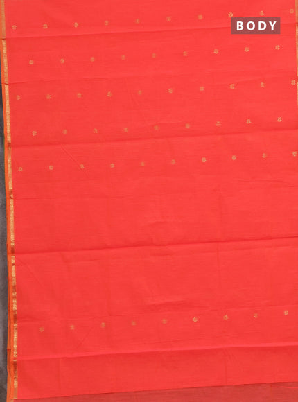 Semi maheswari cotton saree pinksh orange and green with zari woven buttas and zari woven border