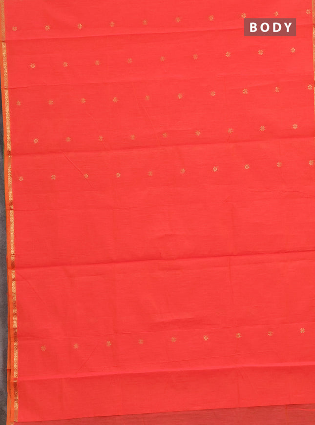 Semi maheswari cotton saree pinksh orange and green with zari woven buttas and zari woven border