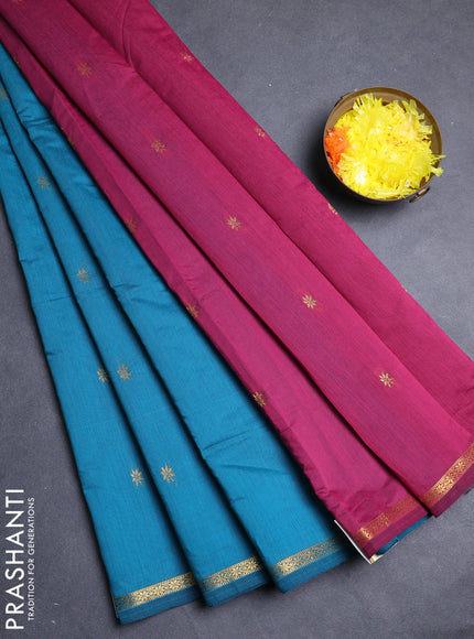 Semi maheswari cotton saree teal green and magenta pink with zari woven buttas and zari woven border