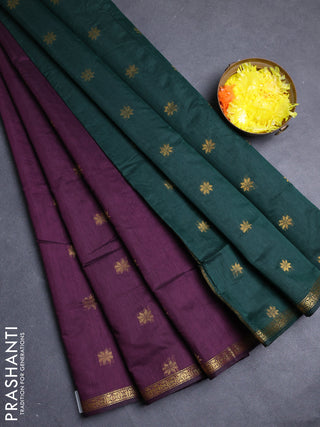 Semi maheswari cotton saree wine shade and bottle green with zari woven buttas and zari woven border