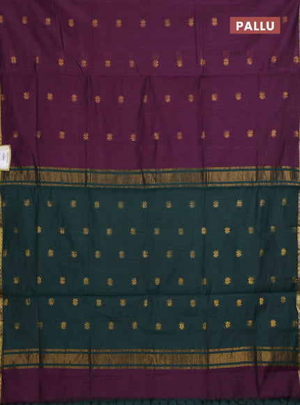 Semi maheswari cotton saree wine shade and bottle green with zari woven buttas and zari woven border