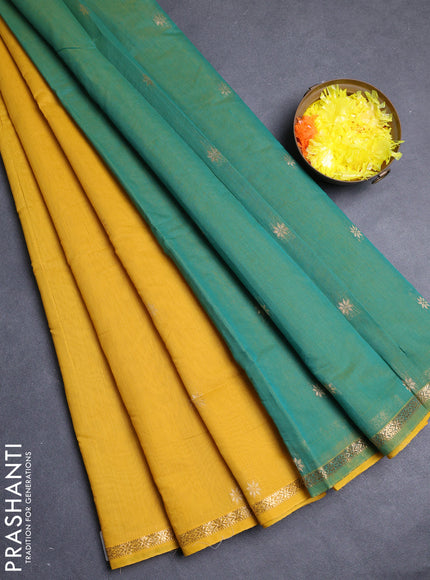 Semi maheswari cotton saree yellow and teal green with zari woven buttas and zari woven border