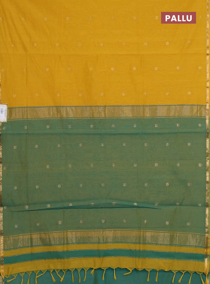 Semi maheswari cotton saree yellow and teal green with zari woven buttas and zari woven border
