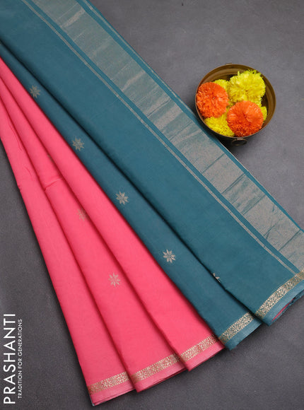 Semi maheswari cotton saree candy pink and peacock green with zari woven buttas and zari woven border