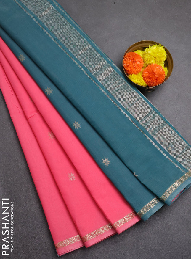 Semi maheswari cotton saree candy pink and peacock green with zari woven buttas and zari woven border