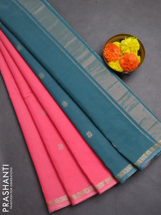 Semi maheswari cotton saree candy pink and peacock green with zari woven buttas and zari woven border