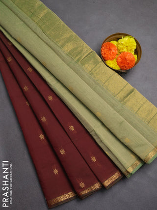 Semi maheswari cotton saree dual shade of maroon and pastel green with zari woven buttas and zari woven border