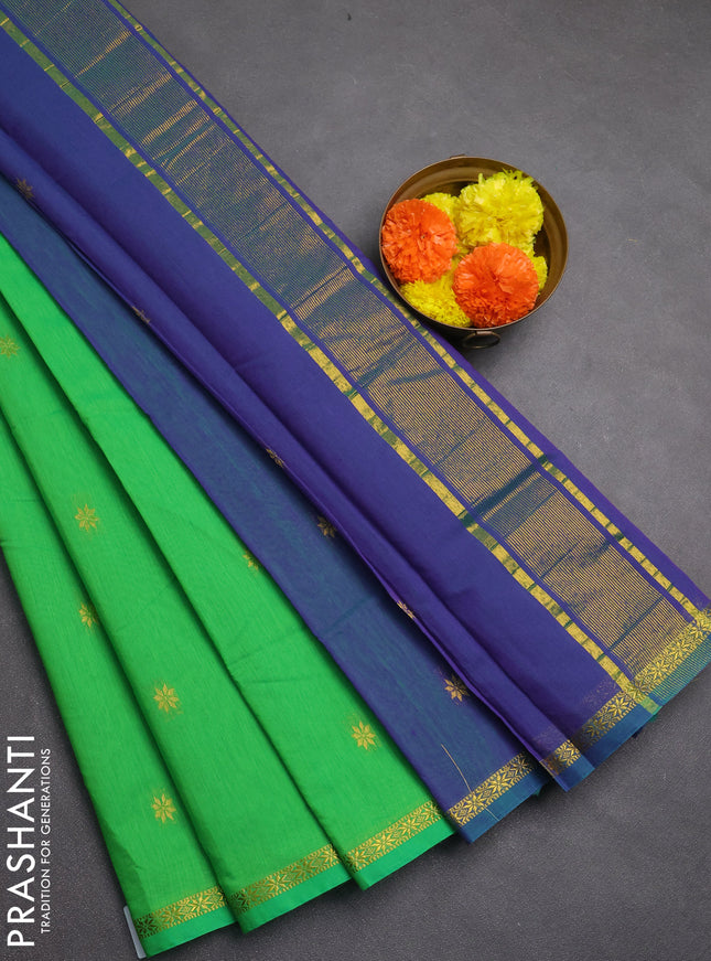 Semi maheswari cotton saree green and dual shade of violet with zari woven buttas and zari woven border