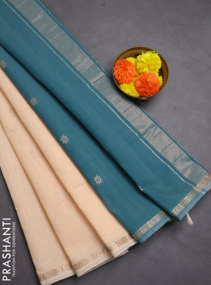 Semi maheswari cotton saree cream and peacock green with zari woven buttas and zari woven border