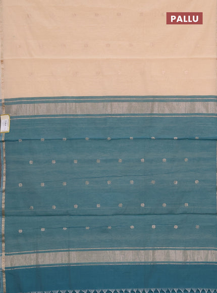 Semi maheswari cotton saree cream and peacock green with zari woven buttas and zari woven border