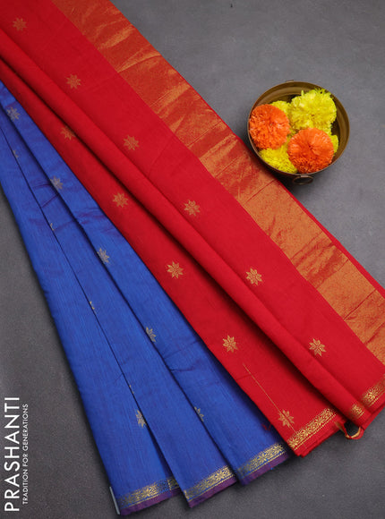 Semi maheswari cotton saree dual shade of bluw and red with zari woven buttas and zari woven border