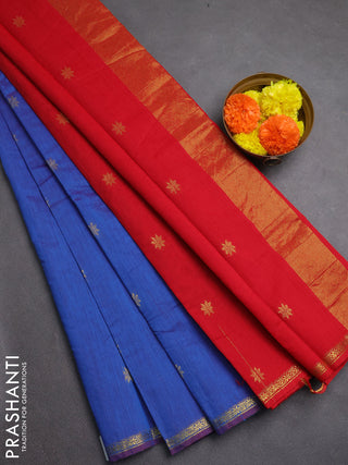 Semi maheswari cotton saree dual shade of bluw and red with zari woven buttas and zari woven border