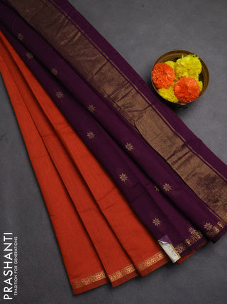 Semi maheswari cotton saree rustic orange and deep purple with zari woven buttas and zari woven border