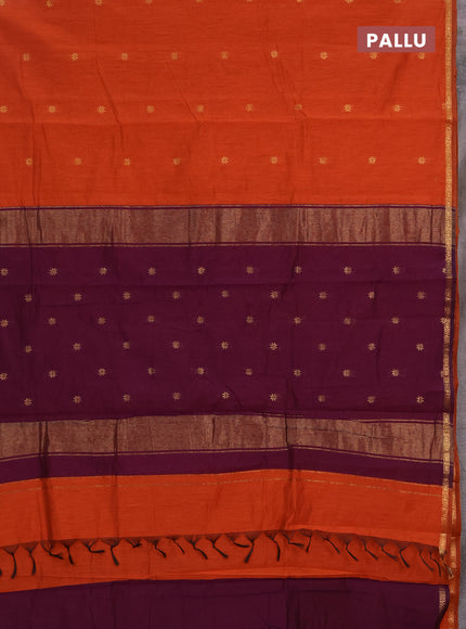 Semi maheswari cotton saree rustic orange and deep purple with zari woven buttas and zari woven border