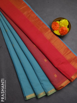 Semi maheswari cotton saree teal blue and dual shade of pinkish orange with zari woven buttas and zari woven border