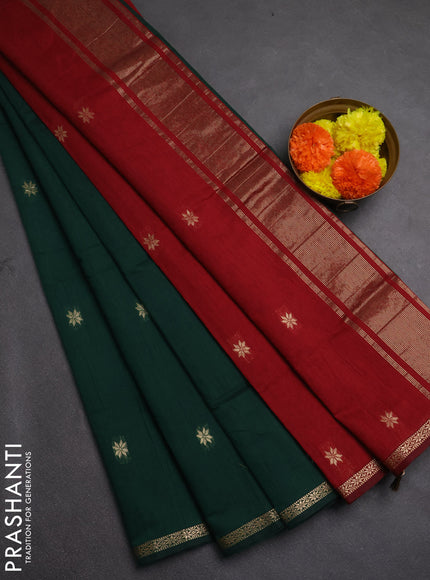 Semi maheswari cotton saree bottle green and maroon with zari woven buttas and zari woven border