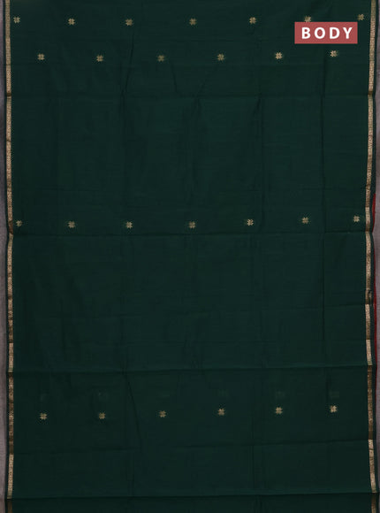 Semi maheswari cotton saree bottle green and maroon with zari woven buttas and zari woven border