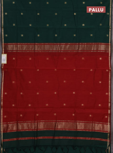 Semi maheswari cotton saree bottle green and maroon with zari woven buttas and zari woven border