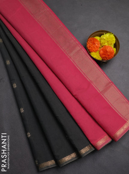 Semi maheswari cotton saree dark grey and pink with zari woven buttas and zari woven border
