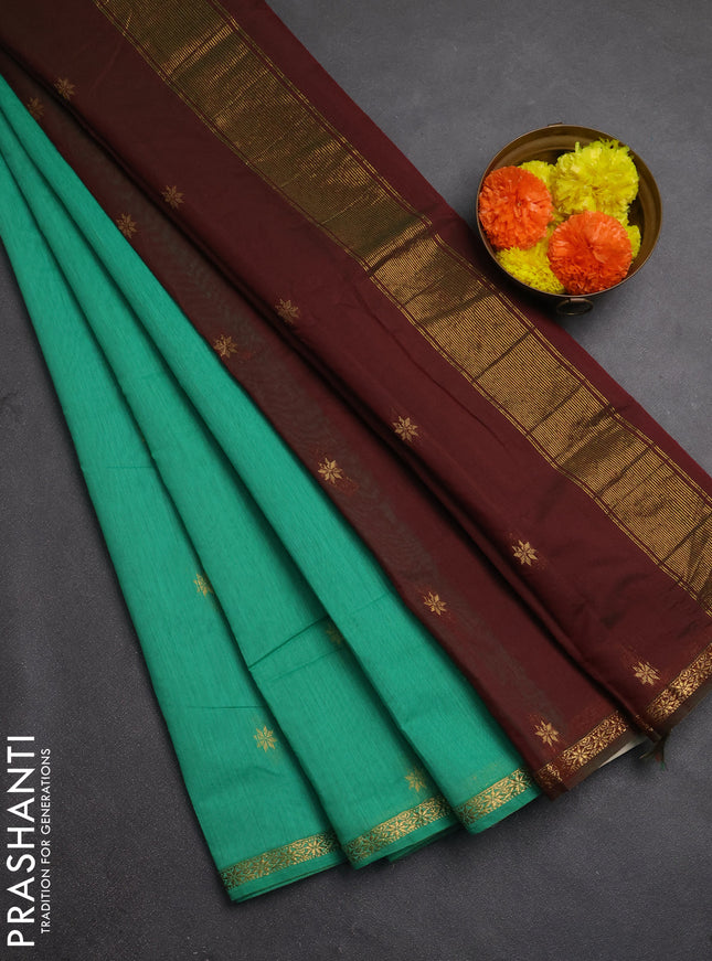 Semi maheswari cotton saree green and maroon with zari woven buttas and zari woven border