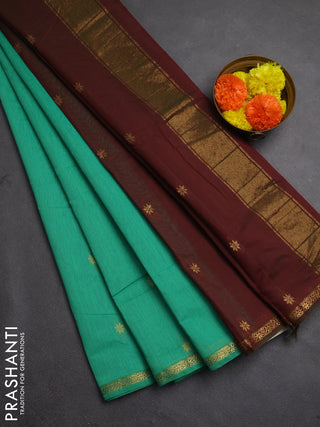 Semi maheswari cotton saree green and maroon with zari woven buttas and zari woven border