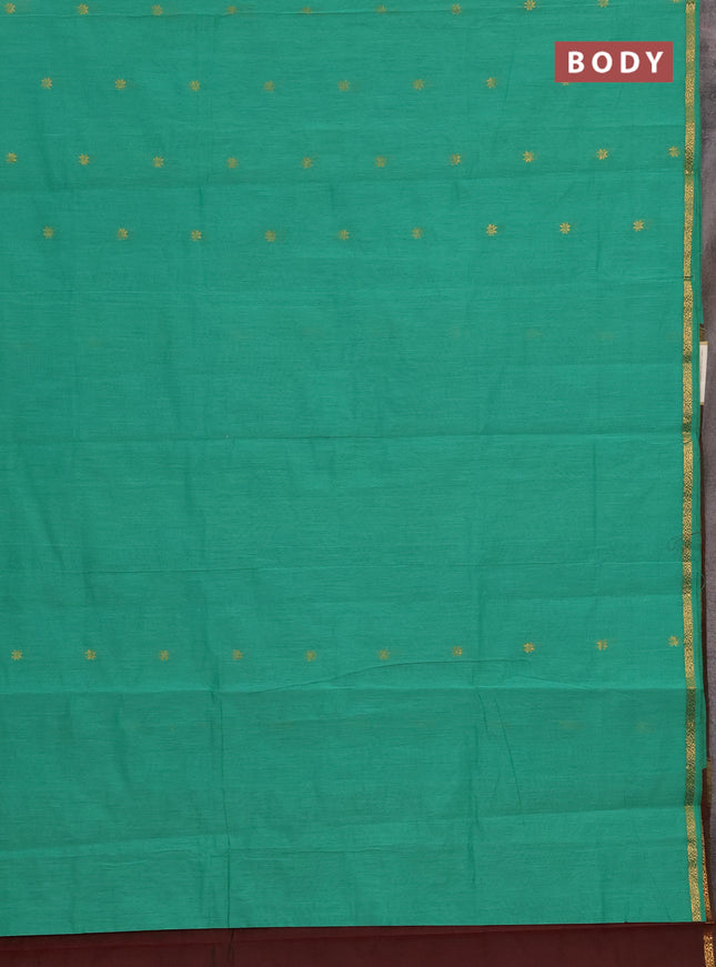 Semi maheswari cotton saree green and maroon with zari woven buttas and zari woven border