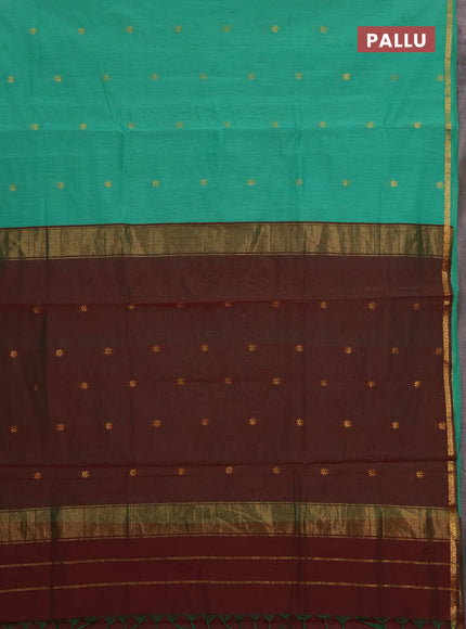 Semi maheswari cotton saree green and maroon with zari woven buttas and zari woven border