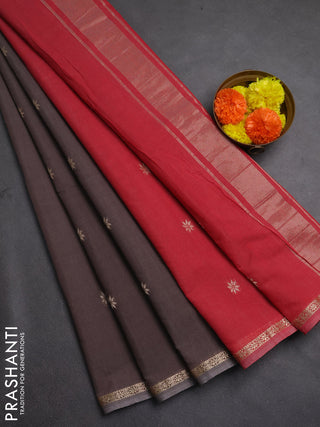 Semi maheswari cotton saree greyish brown and maroon with zari woven buttas and zari woven border