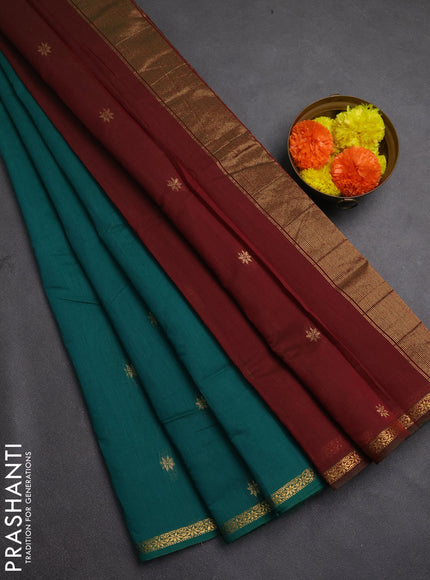 Semi maheswari cotton saree green and deep maroon with zari woven buttas and zari woven border