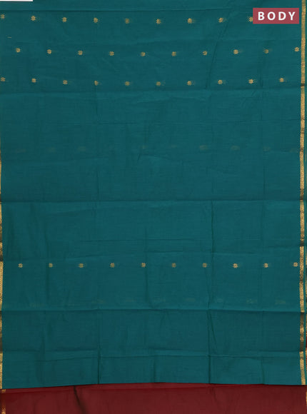Semi maheswari cotton saree green and deep maroon with zari woven buttas and zari woven border