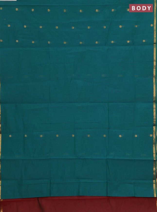 Semi maheswari cotton saree green and deep maroon with zari woven buttas and zari woven border