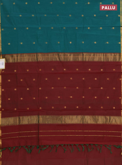 Semi maheswari cotton saree green and deep maroon with zari woven buttas and zari woven border