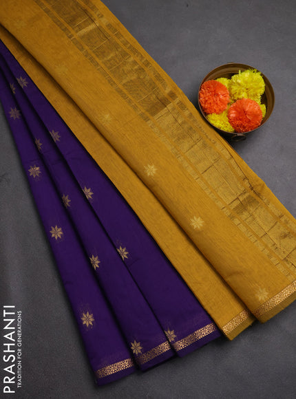 Semi maheswari cotton saree violet and dark mustard with zari woven buttas and zari woven border