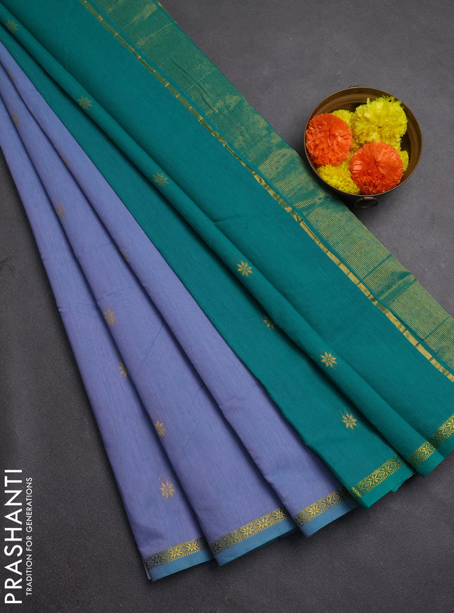 Semi maheswari cotton saree dual shade of mild lavender and teal green with zari woven buttas and zari woven border