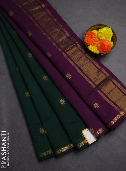 Semi maheswari cotton saree bottle green and purple with zari woven buttas and zari woven border