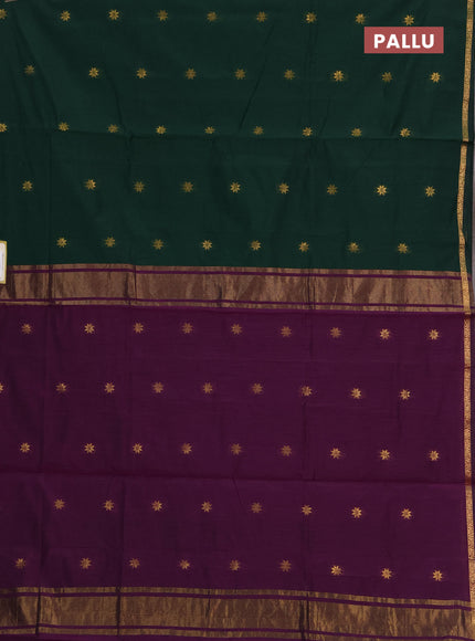 Semi maheswari cotton saree bottle green and purple with zari woven buttas and zari woven border