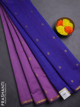 Semi maheswari cotton saree lavender and blue with allover zari woven buttas and small zari woven border