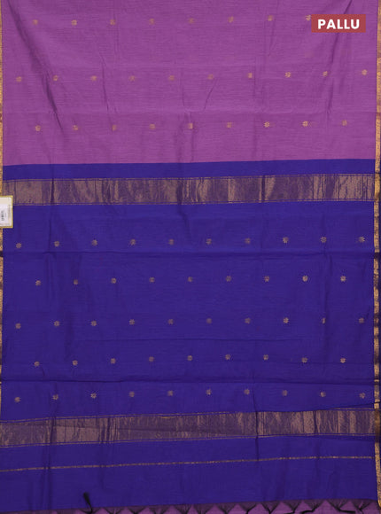 Semi maheswari cotton saree lavender and blue with allover zari woven buttas and small zari woven border