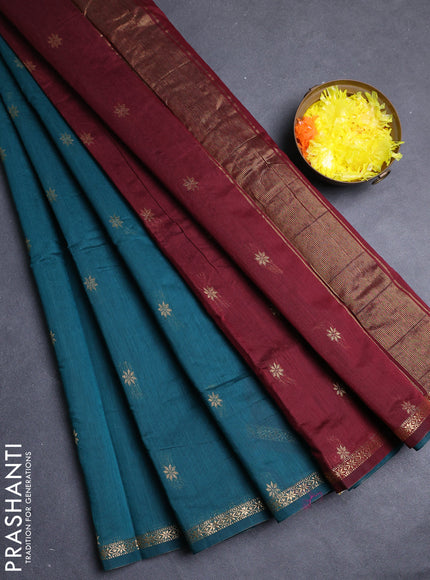 Semi maheswari cotton saree peacock green and deep maroon with allover zari woven buttas and small zari woven border