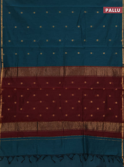 Semi maheswari cotton saree peacock green and deep maroon with allover zari woven buttas and small zari woven border