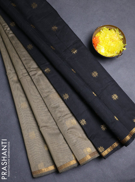 Semi maheswari cotton saree beige and black with allover zari woven buttas and small zari woven border