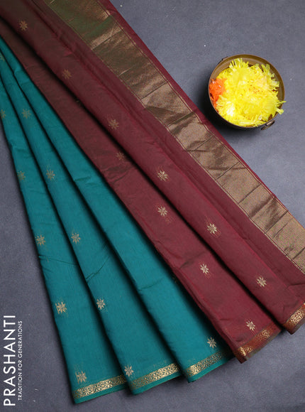 Semi maheswari cotton saree teal green and maroon with allover zari woven buttas and small zari woven border