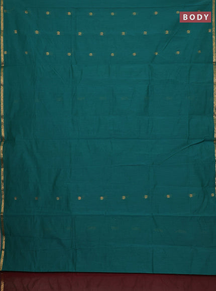 Semi maheswari cotton saree teal green and maroon with allover zari woven buttas and small zari woven border