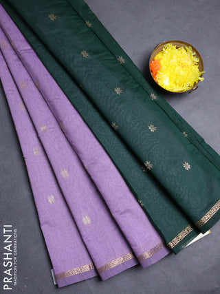 Semi maheswari cotton saree lavender and bottle green with allover zari woven buttas and small zari woven border