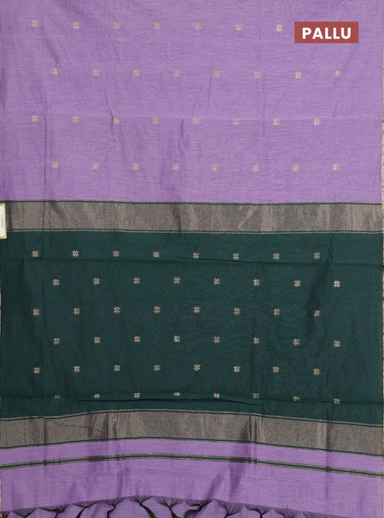 Semi maheswari cotton saree lavender and bottle green with allover zari woven buttas and small zari woven border