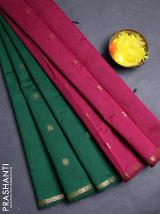 Semi maheswari cotton saree bottle green and wine shade with allover zari woven buttas and small zari woven border
