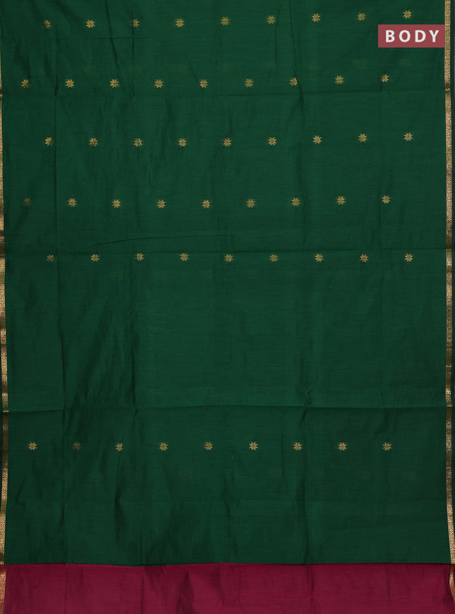Semi maheswari cotton saree bottle green and wine shade with allover zari woven buttas and small zari woven border