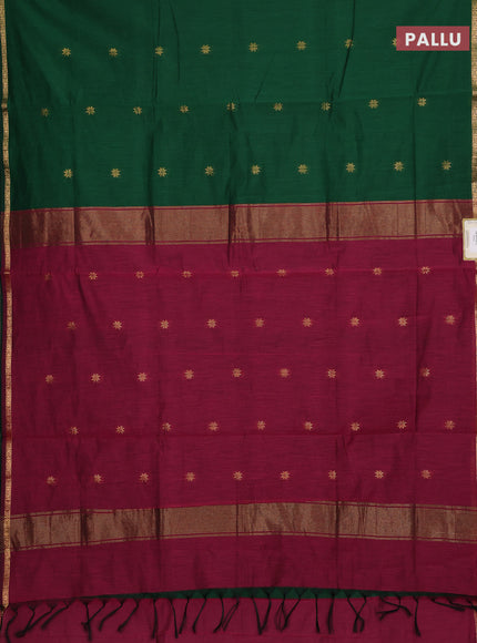 Semi maheswari cotton saree bottle green and wine shade with allover zari woven buttas and small zari woven border