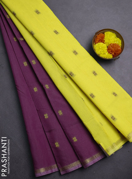 Semi maheswari cotton saree deep purple and lime yellow with allover thread woven buttas and small zari woven border